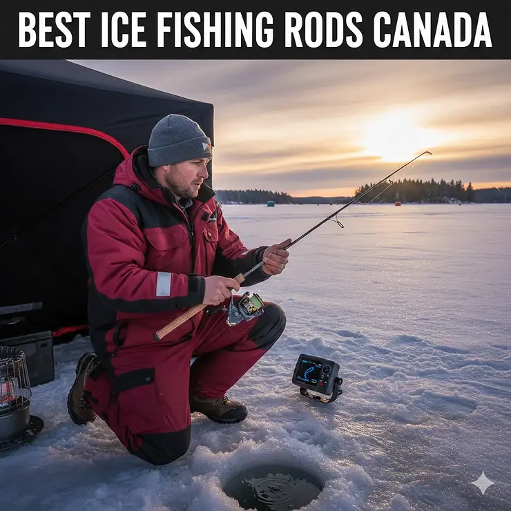 Professional angler using one of the best ice fishing rods in Canada on the frozen waters of Lake Simcoe, Ontario, during a winter sunrise. best ice fishing rods canada