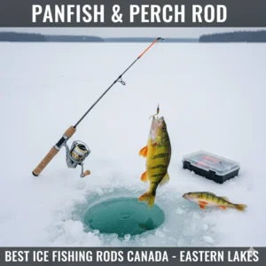 Lightweight ice fishing rod illustration optimized for catching yellow perch and panfish in Eastern Canadian lakes.