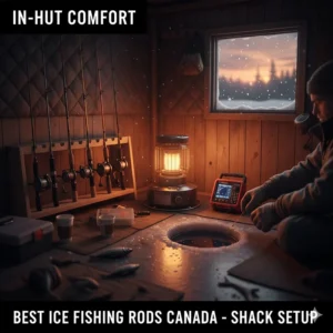 Interior view of a Canadian ice fishing hut featuring a selection of the best ice fishing rods for a weekend on the ice.