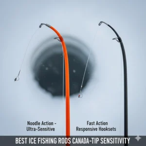 Technical diagram showing the sensitive tip of a top-rated Canadian ice fishing rod for detecting subtle bites in cold water.