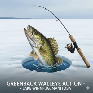 Illustration of a medium-action rod, rated as the best ice fishing rod in Canada for catching Lake Winnipeg greenback walleye.