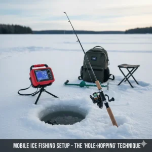 Illustration of a 28-inch rod setup for hole-hopping, a popular technique for finding the best ice fishing spots in Canada.