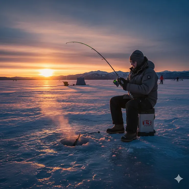 An angler using a 13 Fishing ice rod on a frozen Canadian lake during a sunset.