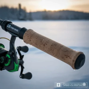 Detail view of the ergonomic cork handle on a 13 Fishing ice rod for better grip in winter gloves.