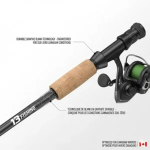 Illustration showing the durable graphite blank of a 13 Fishing ice rod designed for sub-zero temperatures.
