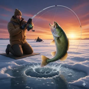 Action shot illustration of a 13 Fishing ice rod landing a greenback walleye on Lake Winnipeg.