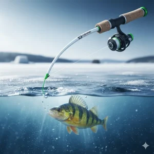 Close-up illustration of a 13 Fishing ice rod sensitive tip reacting to a perch bite in Ontario.