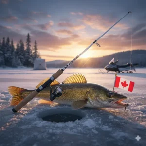 A 13 Fishing ice rod leaning against a freshly caught walleye (doré) on the ice in Quebec.