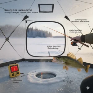 Illustration showing a beginner rod setup optimized for jigging walleye in Canadian lakes.