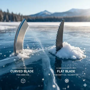 Diagram of ice auger blade types, showing the difference between curved and flat blades for hard blue ice.
