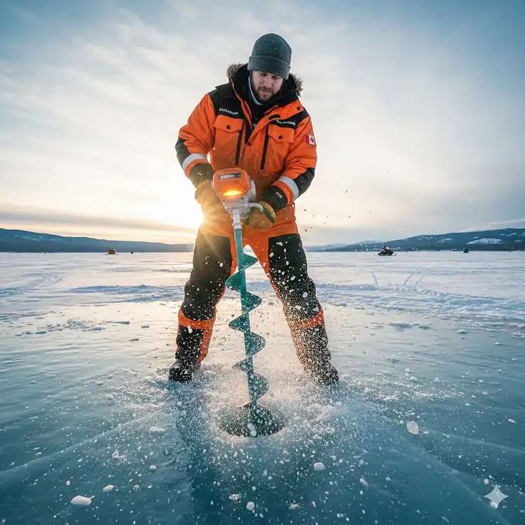 A fisherman using the best ice auger to drill through thick lake ice in Ontario, Canada, during a sunny winter day.