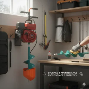 Graphic showing maintenance tips and off-season storage for the best ice auger to prevent rust.