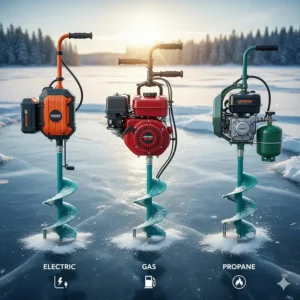 Illustration comparing electric, gas, and propane ice auger types for Canadian winter conditions.