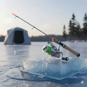 Ultralight ice fishing rod and reel combo designed for sensitive jigging for yellow perch in Ontario lakes.
