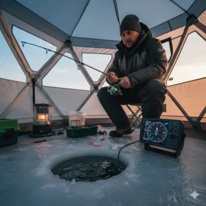An angler using the best ice fishing combo inside a portable insulated pop-up shelter with a flasher sonar.