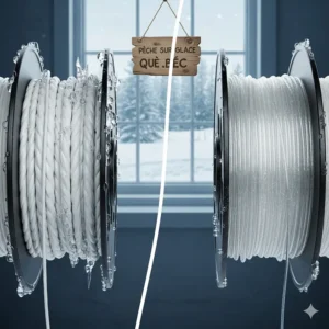 Comparison of fishing lines showing how water absorption leads to ice fishing reel freezing problems; optimal for ice fishing in Quebec (pêche sur glace).