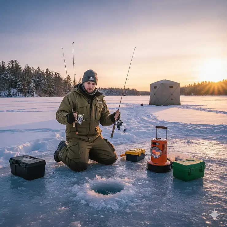 A Canadian angler comparing different ice fishing rod lengths on a frozen lake in Ontario during sunset.