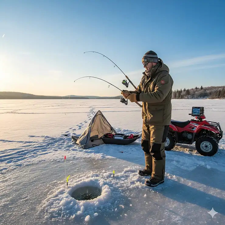 A professional angler using specialized ice fishing rods on Ontario's Lake Simcoe during a sunny winter morning.
