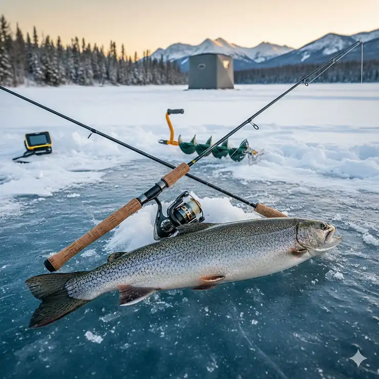 A professional lake trout ice fishing rod leaning against a trophy-sized Mackinaw on a frozen Canadian lake.