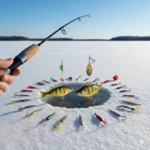 Infographic illustration showing a perch ice fishing rod paired with popular Canadian lures like tungsten jigs and spoons.