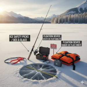 Illustration of essential ice fishing gear including a pike rod, ice picks, and safety labels in English and French.