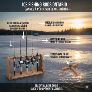 Infographic of ice fishing rods with bilingual labels in English and French (pêche sur la glace) for the Canadian market.