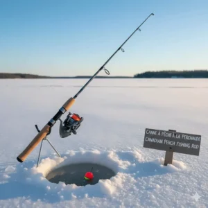 Graphic of a high-performance perch ice fishing rod (canne à pêche à la perchaude) designed for Canadian winter conditions.