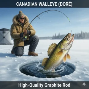 Illustration of a trophy walleye (doré) being pulled through an ice hole using a high-quality graphite ice rod.