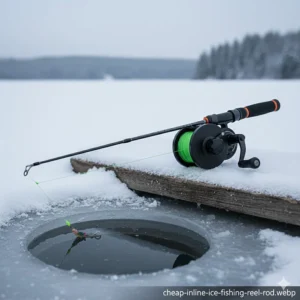 A modern inline reel attached to an affordable ice rod to prevent line twist in cold weather.