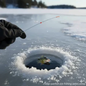Close-up of a sensitive, low-cost fiberglass pole detecting a bite from a yellow perch.