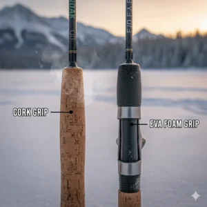 Close-up of cork and EVA foam grips on a northern pike ice fishing rod for cold Canadian winters.