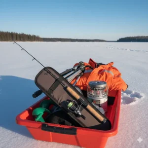 A compact, travel-ready perch ice fishing rod being packed into a gear sled for a Canadian backcountry fishing trip.
