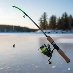 Close-up illustration of a sensitive graphite ice fishing rod designed for Ontario walleye and perch.