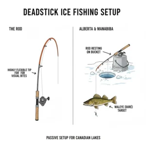 Illustration of a deadstick rod setup with a flexible tip, a popular ice fishing rod length choice for Alberta and Manitoba lakes.