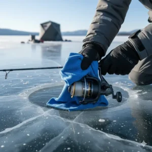 Hand drying a reel with a microfiber cloth to prevent moisture buildup and subsequent ice fishing reel freezing problems.