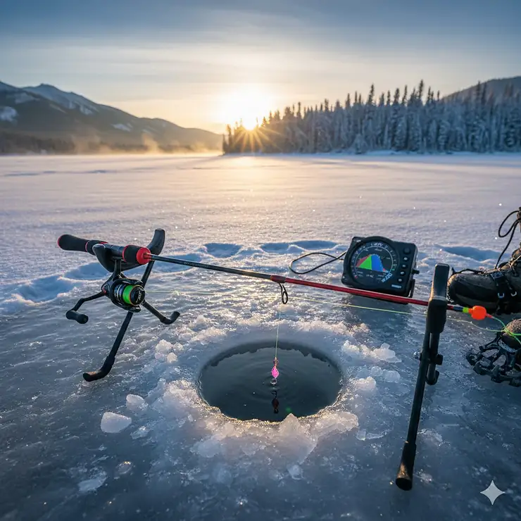 A premium carbon fiber early ice fishing rod resting on a specialized cradle over a hole in the ice during a sunrise session on a frozen Canadian lake.