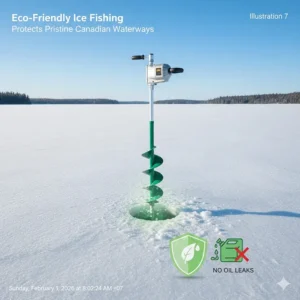 Illustration highlighting the environmental benefits of using an electric ice auger to prevent oil leaks on pristine Canadian waterways.