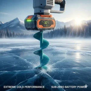 Illustration of an electric ice auger battery performing in extreme Canadian sub-zero temperatures.