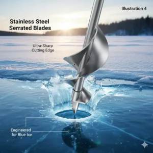 Close-up illustration of stainless steel serrated blades designed for the electric ice auger to cut through hard blue ice.