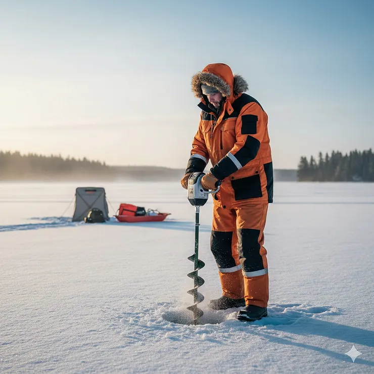 A professional-grade electric ice auger being used by an ice fisherman on a frozen Canadian lake during a clear winter day.