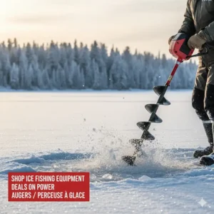 A high-performance electric ice auger drilling through thick ice; shop ice fishing equipment deals on power augers/perceuse à glace.