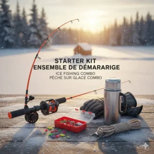 A beginner ice fishing combo kit labeled in English and French: Ensemble de pêche sur glace.