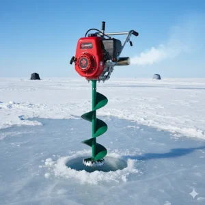 Illustration of a high-performance gas-powered ice auger, a vital piece of ice fishing equipment for thick Northern Ontario ice.