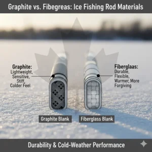 Diagram comparing graphite and fiberglass blanks used in early ice fishing rods for durability and cold-weather performance.
