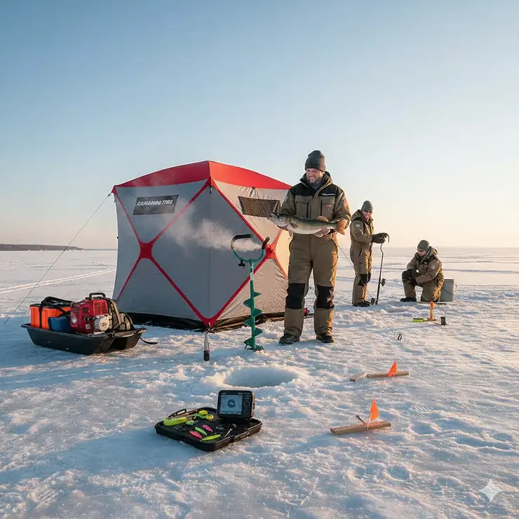 A group of anglers using essential Great Lakes ice fishing equipment outside a portable shelter on Lake Erie, Ontario.