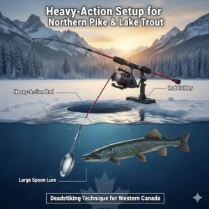 A heavy-duty early ice fishing rod set in a holder for targeting Northern Pike and Lake Trout in Western Canada.