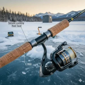 Detailed view of a secure locking reel seat on a high-performance lake trout ice fishing rod.