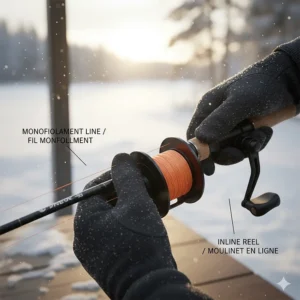Close-up illustration of spooling cold-weather monofilament onto a beginner ice fishing combo.
