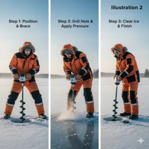 Step-by-step illustration of a fisherman safely operating an electric ice auger to drill a hole through thick lake ice.