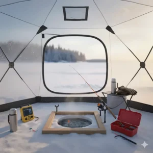 A portable ice fishing shelter setup featuring a beginner-friendly rod and tackle box.